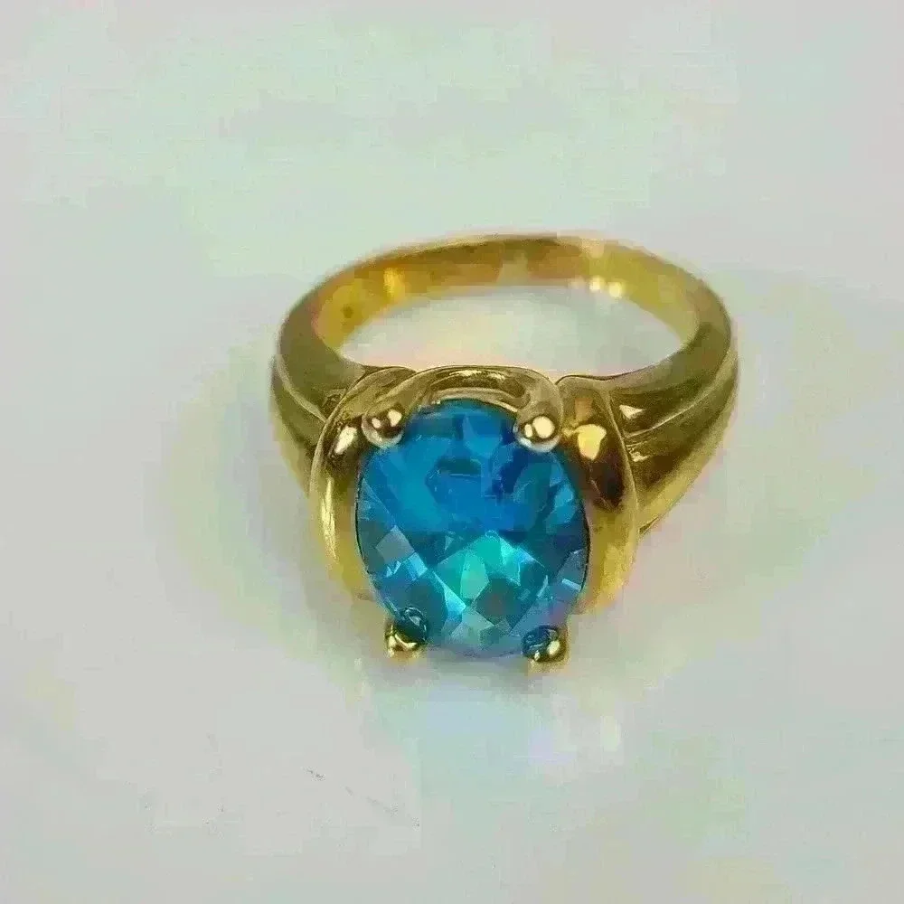 Blue Topaz Sterling Silver 925 ring gold plated outside size 9 unseix ring - Picture 6 of 17